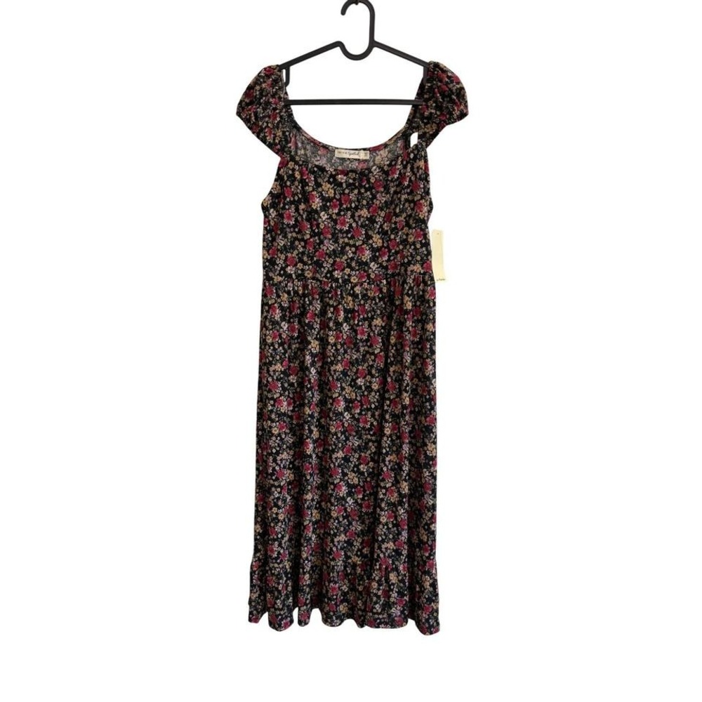 Live to Be Spoiled Black Floral Print Square Neck Puff Sleeve Midi Dress L‎